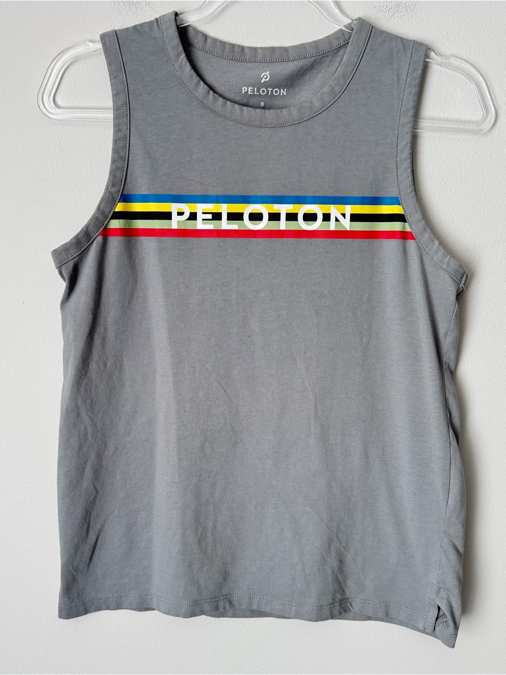 Peloton Gray Tank Top with Blue, Yellow, Black & Red Stripes